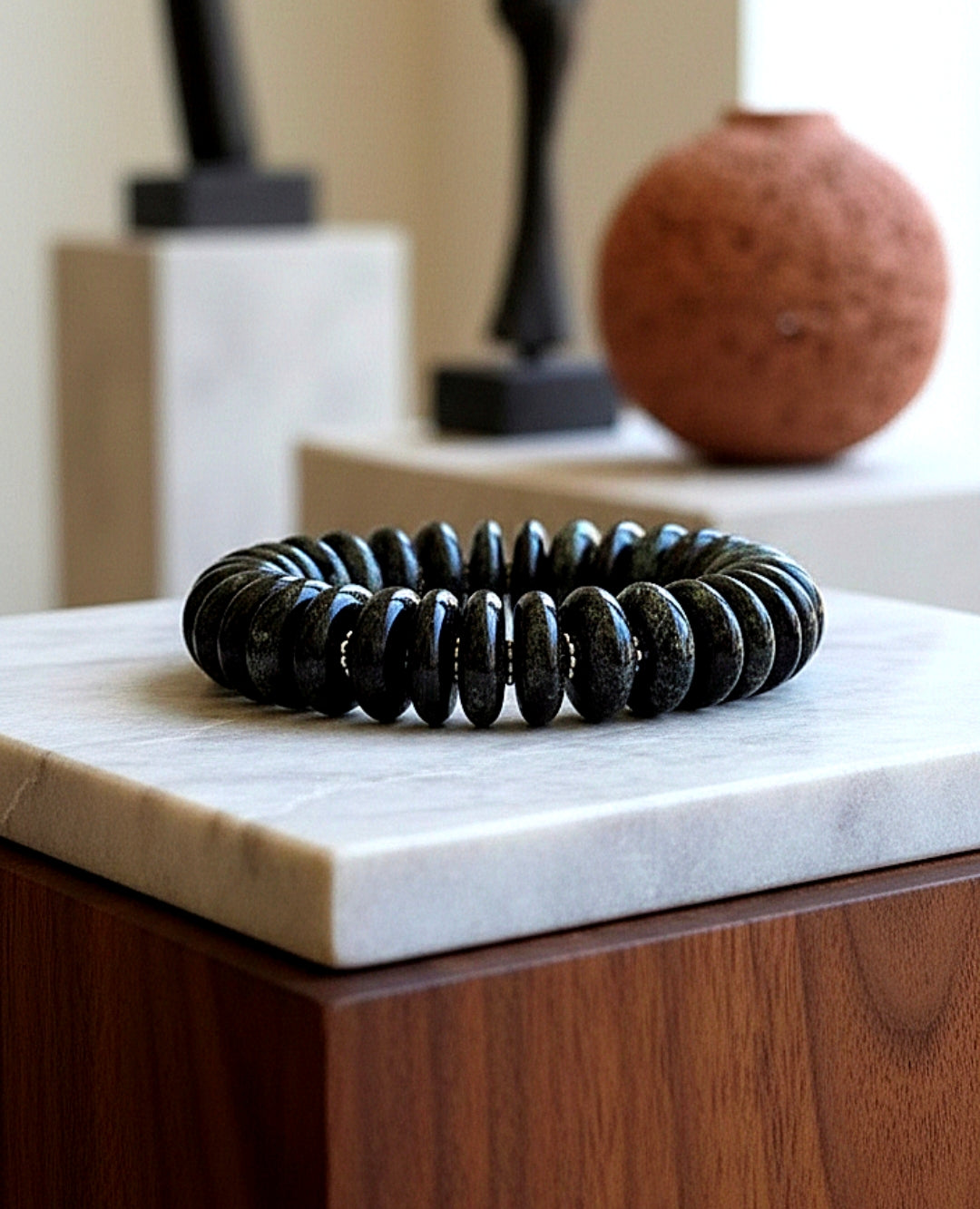 Chunky Painted  Black Ceramic Disc Stretch  Bracelet