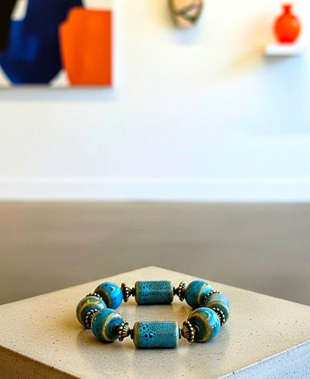 Chunky Blue Green Ceramic Rondelle Stretch Bracelet
