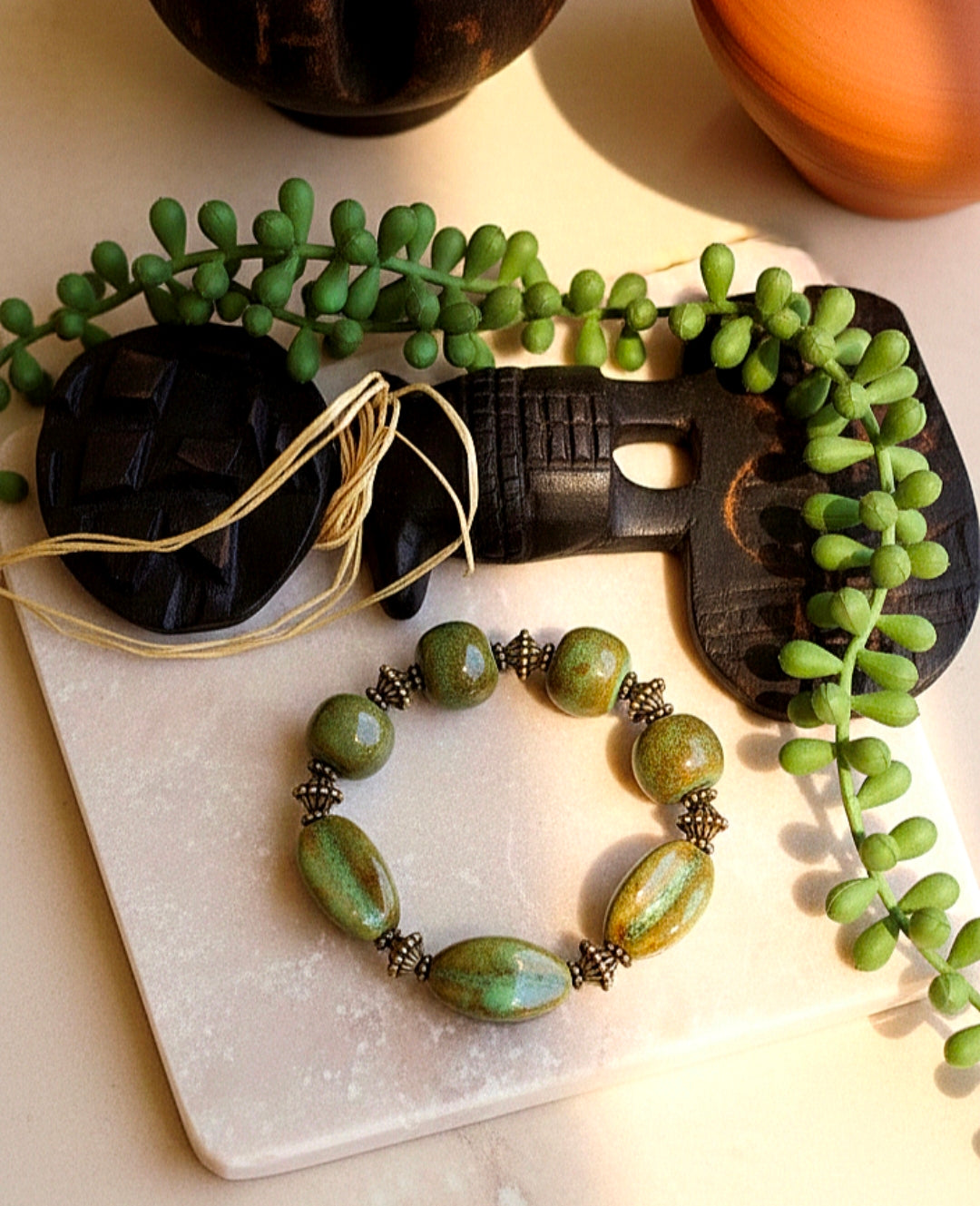 Chunky Painted Sage Green Porcelain Stretch Bracelet
