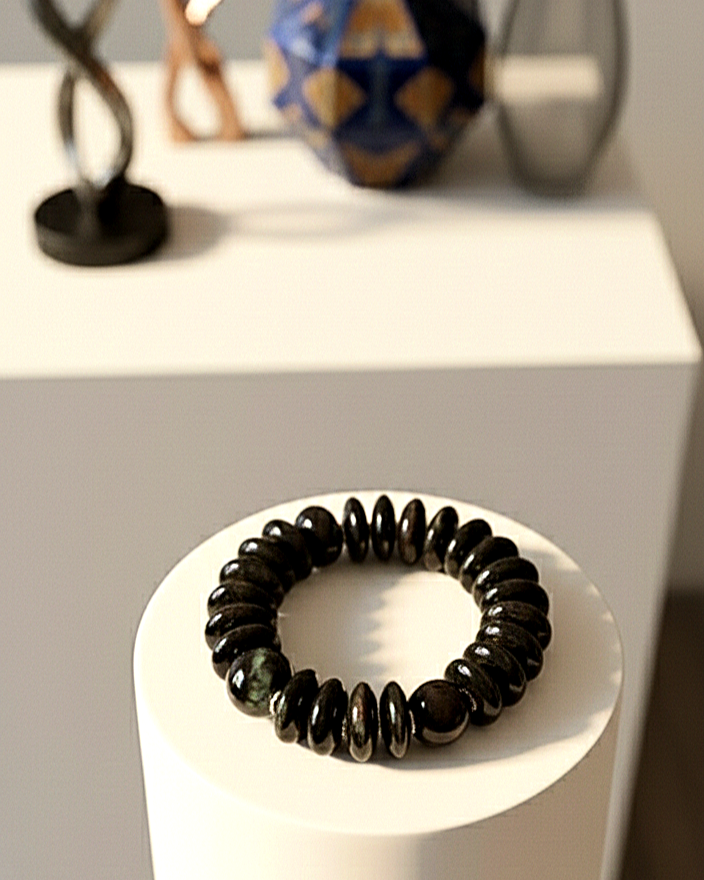 Chunky Painted Black Discs and  Spheres Stretch Bracelet