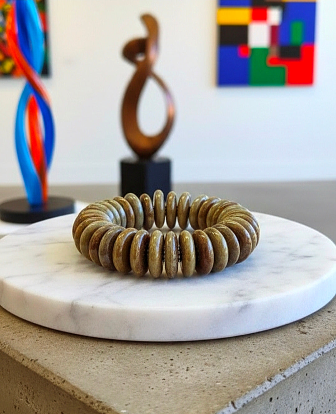 Chunky Tan Ceramic Disc and Pewter Stretch Bracelet