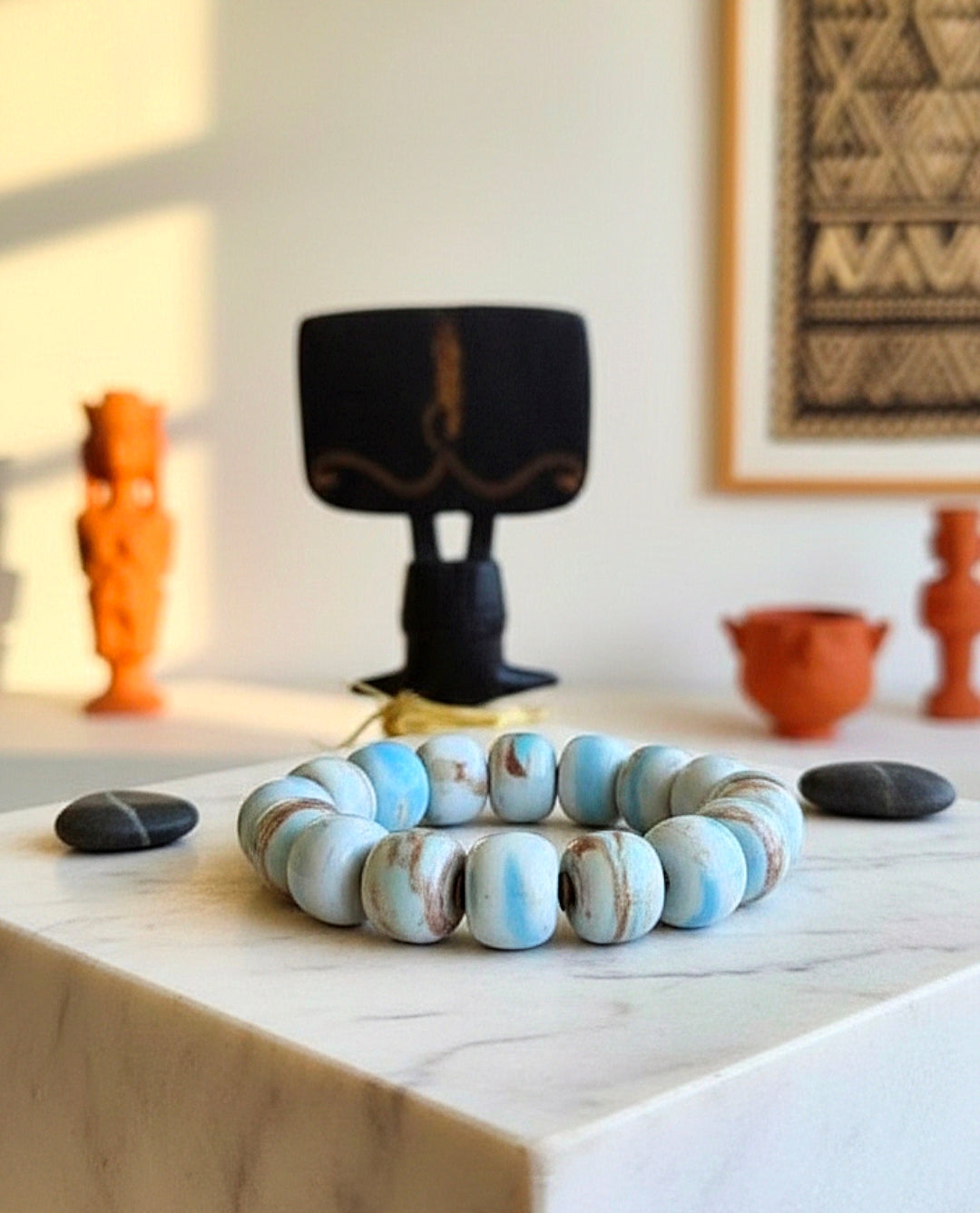 Chunky White Blue Brown Rondelle Stetch Bracelet