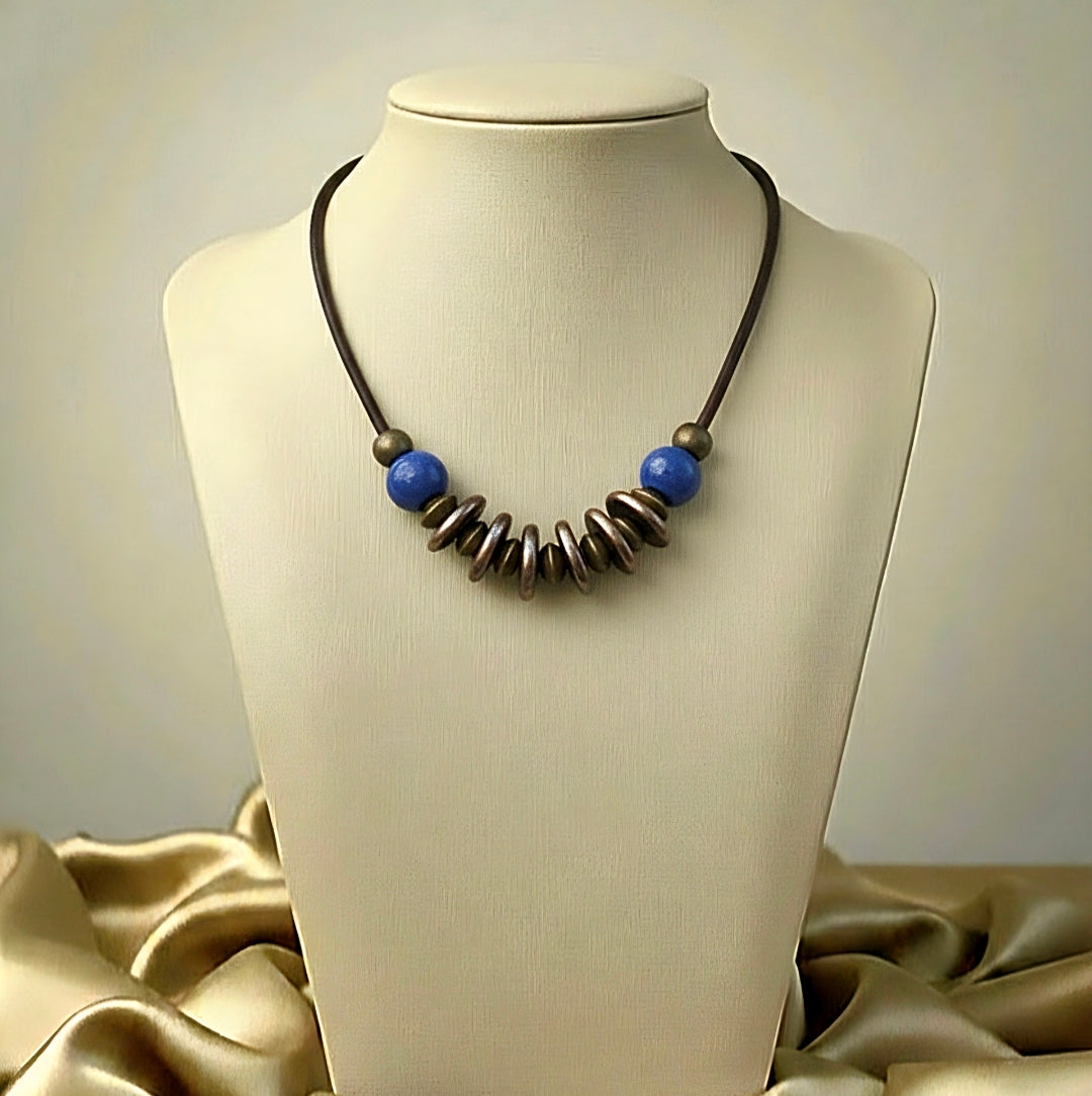 Cobalt Blue and Rustic Bronze Mixed Media Necklace