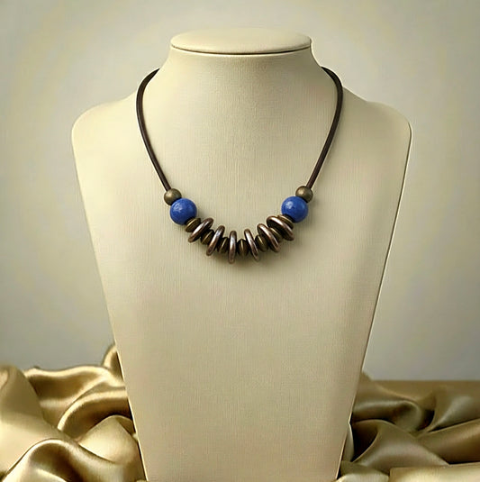 Cobalt Blue and Rustic Bronze Mixed Media Necklace