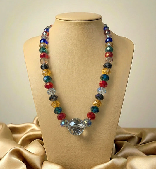 Colorful beaded crystal necklace on a mannequin bust with a beige background