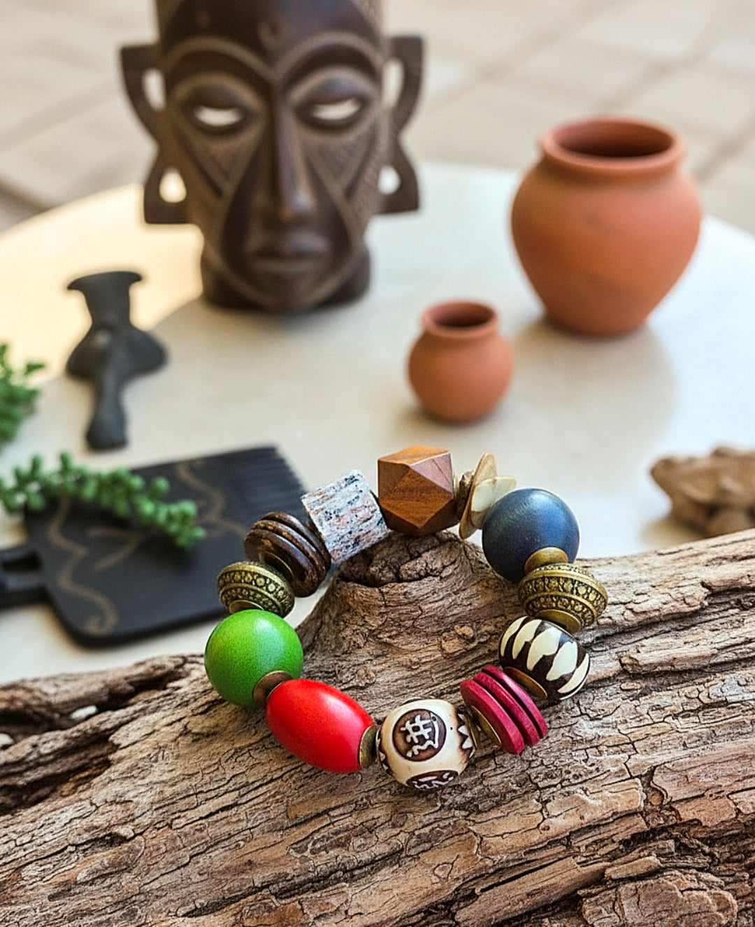 Colorful beaded bracelet on a wooden surface with decorative items in the background