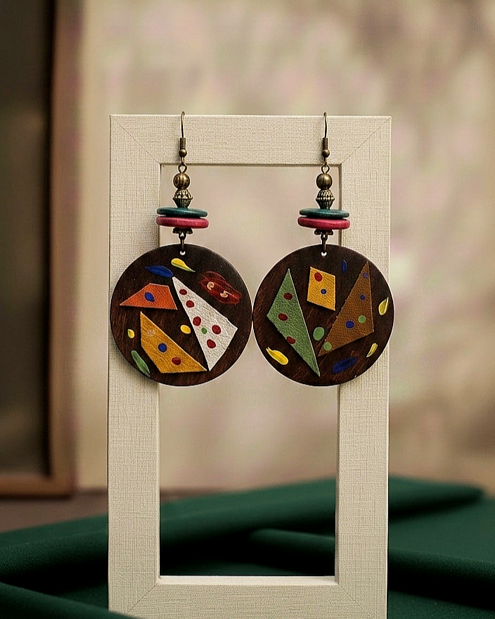Dark Brown Wood earrings with leather and paint strokes
