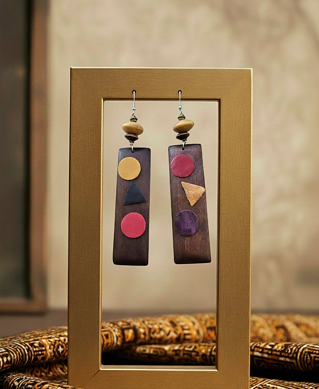 Dark Wood  Rectangle Dangles Leather Accents
