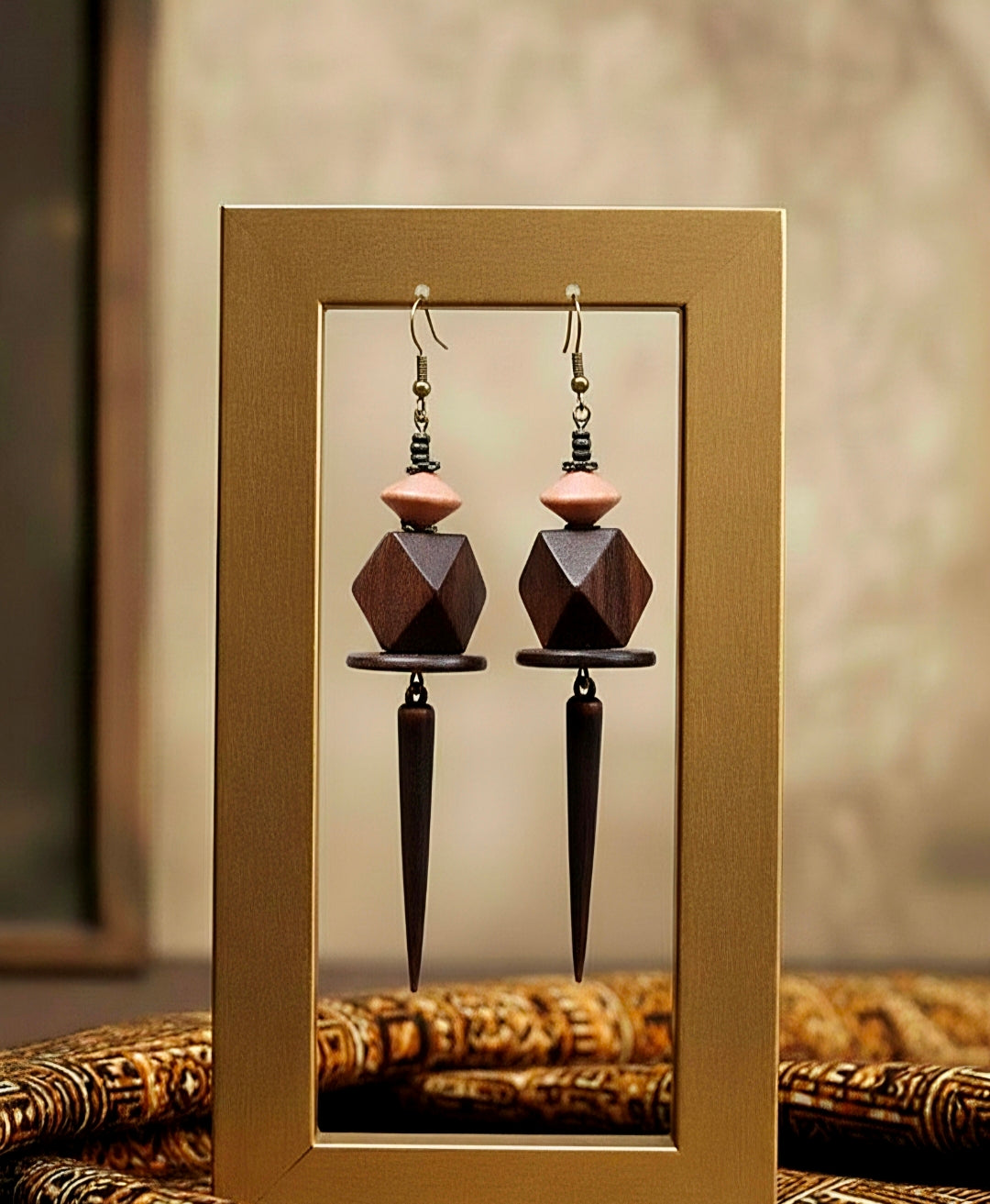 Dark Wood Dangle Spike Earrings