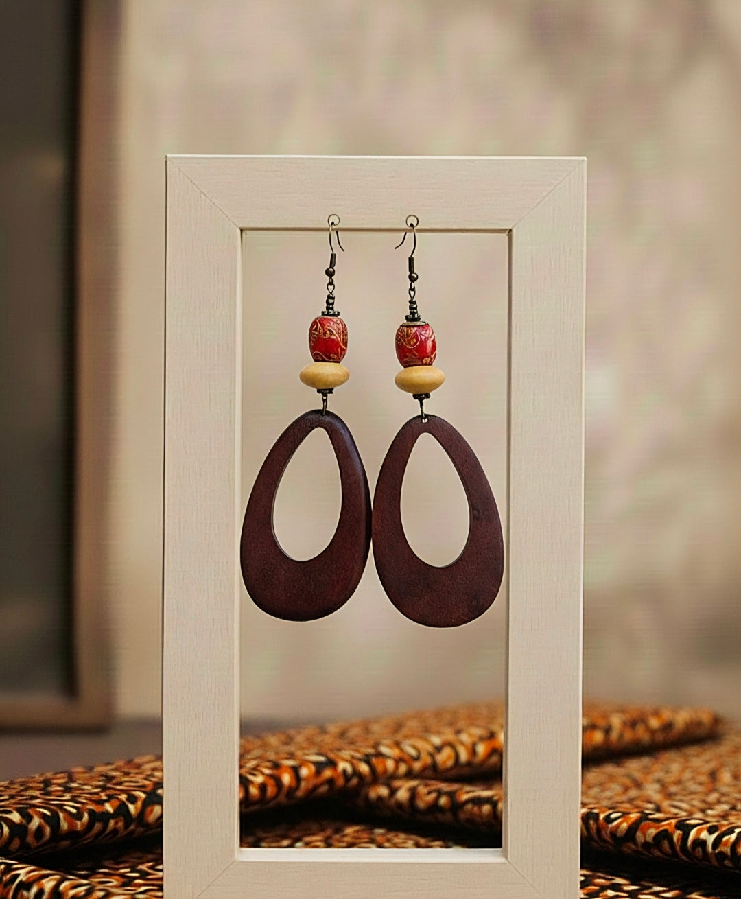 Brown Teardrop Red Tan Accents Dangles
