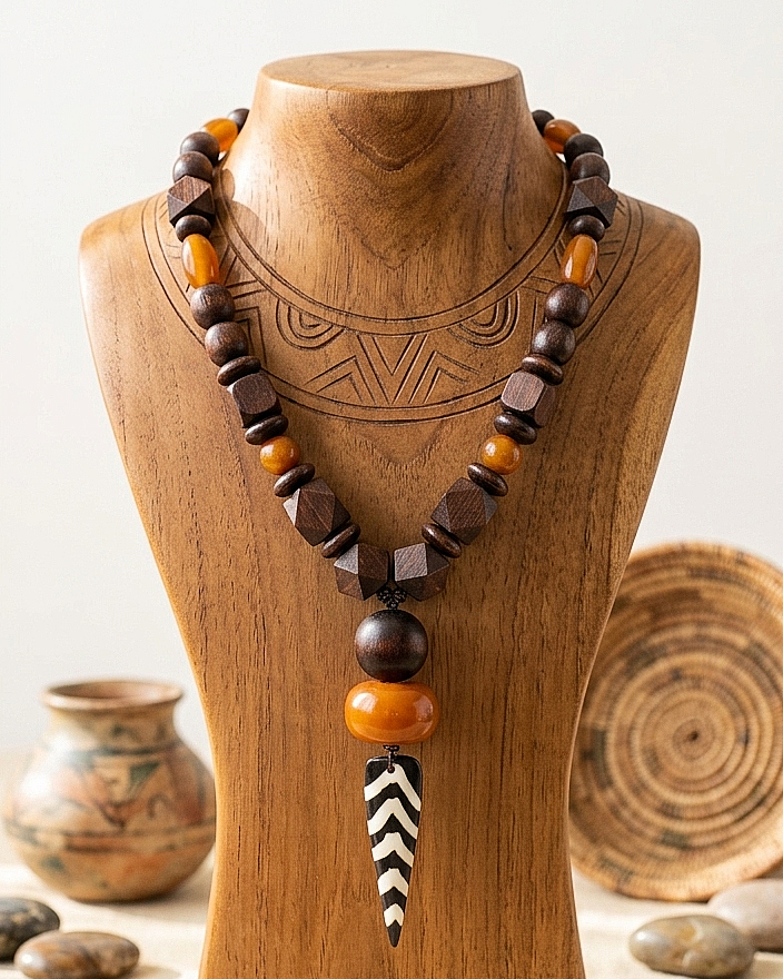 Batik Bone, Resin Amber, and Geometric Wood Statement Necklace