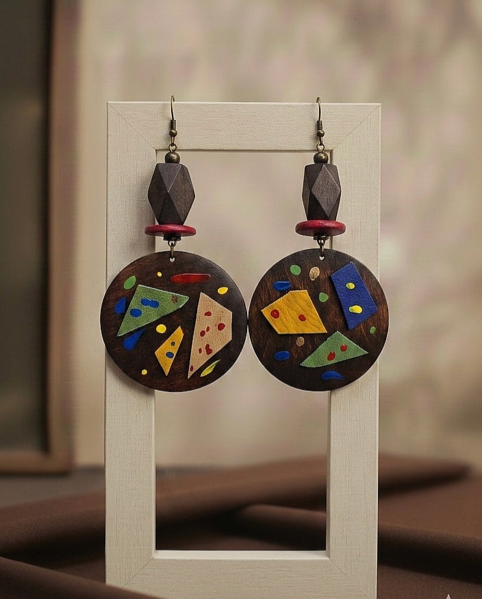 Geometric and Round Dangle Earrings with Leather and Paint Strokes