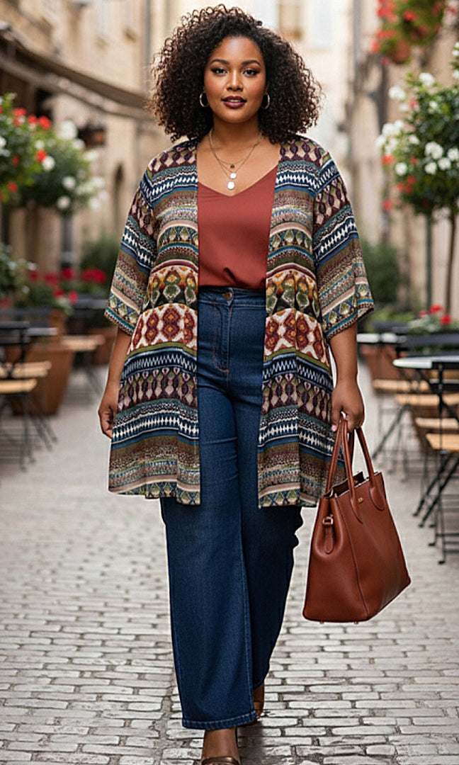 Woman wearing a patterned kimono over a red top and blue jeans, holding a brown handbag on a street.