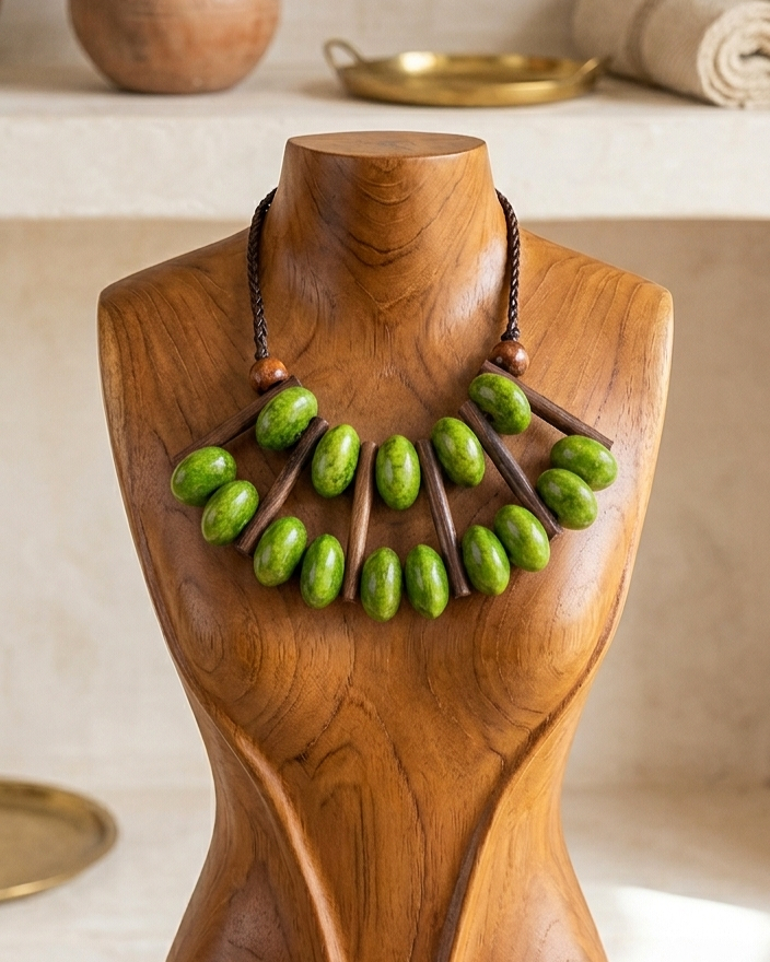 Green Handpainted Wood Bib Necklace