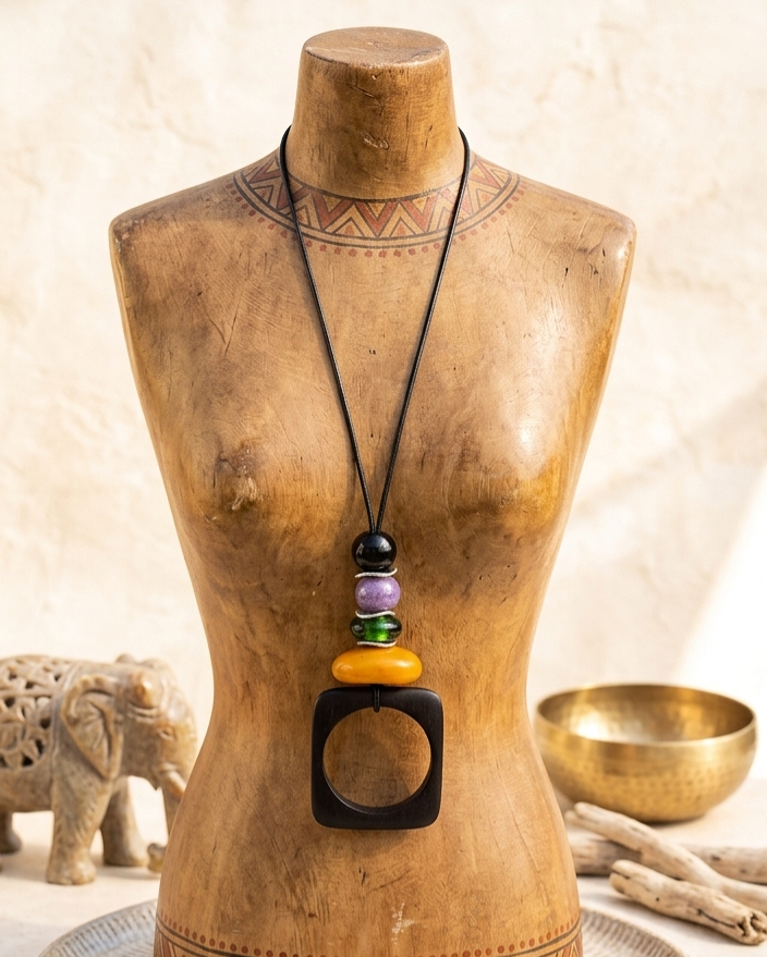 Geometric Wood Resin Amber and Porcelain Beaded Necklace