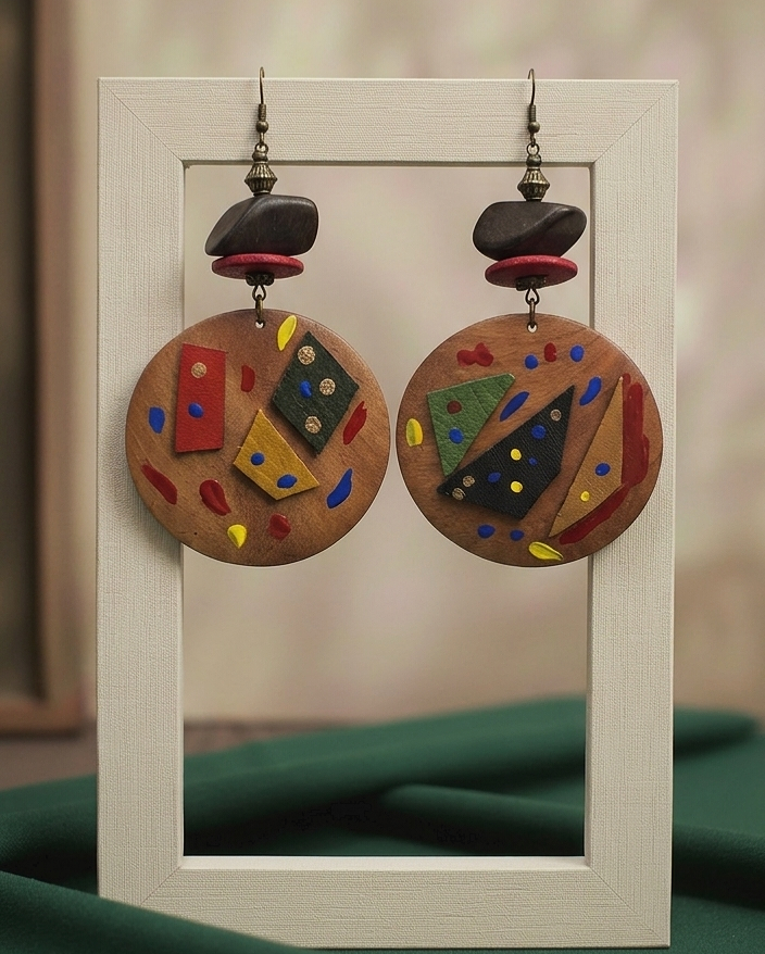 Light brown wood earrings with leather and paint strokes
