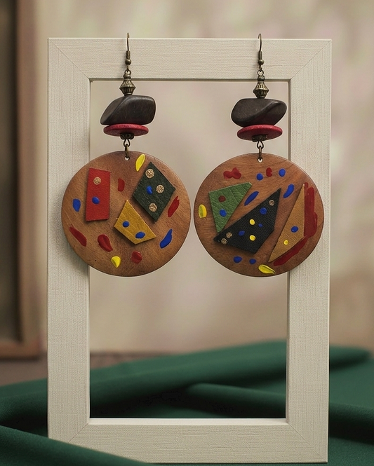 Light brown wood earrings with leather and paint strokes