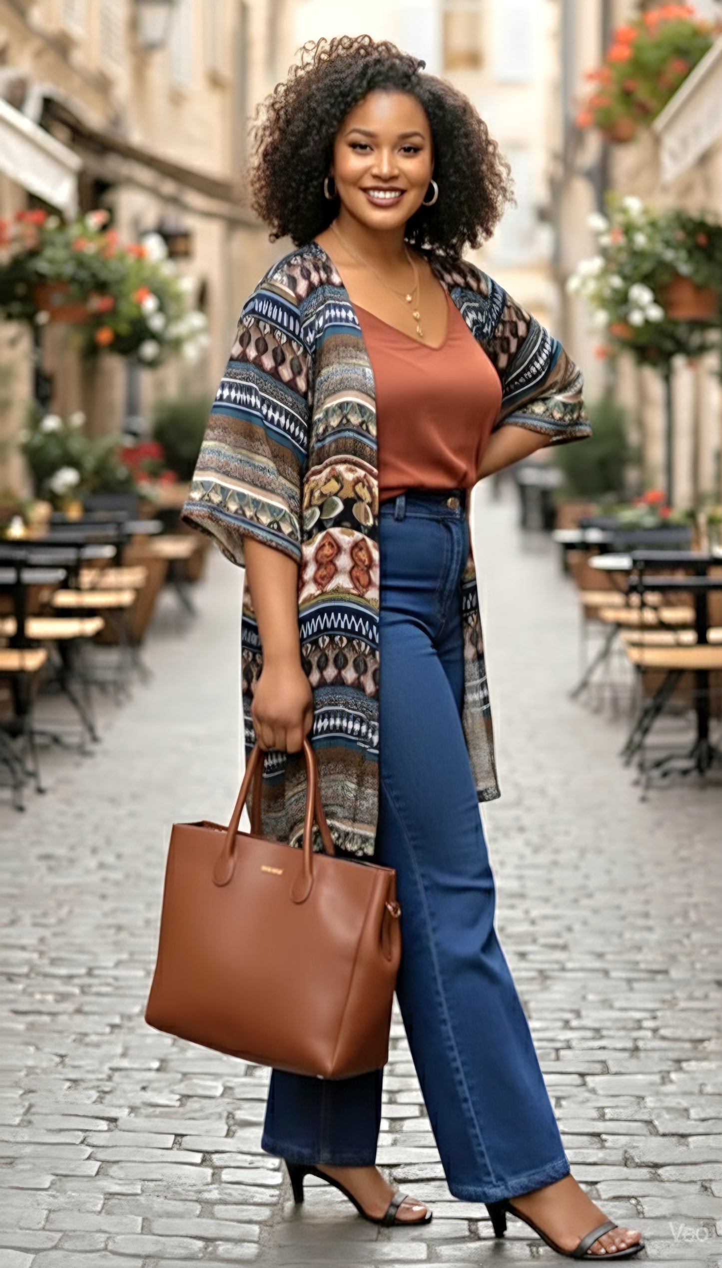 Mid-Sleeve Short Kimono Green Multi