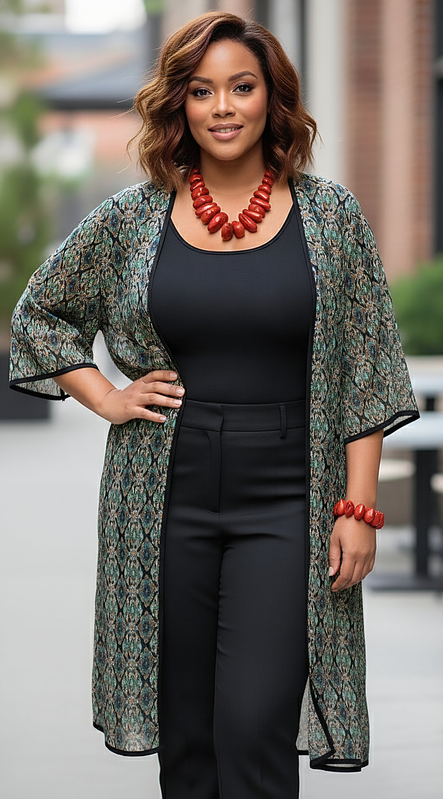 Mid-Sleeve Short Kimono Green Red Multi
