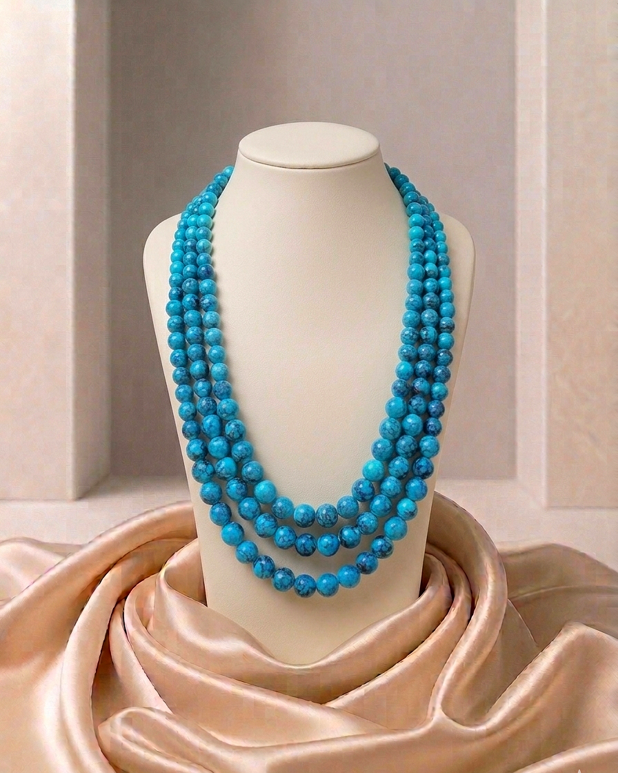 Multistrand Marled Blue Beaded Statement Necklace