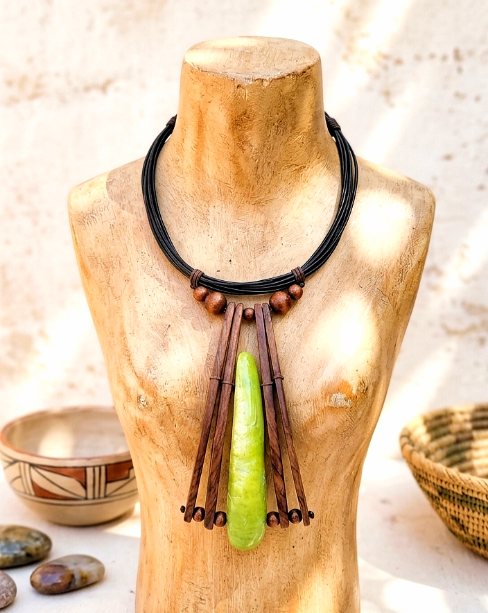 Lime green bone and wood ethnic necklace