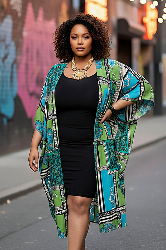 Woman wearing a colorful patterned kimono over a black dress on a city street.