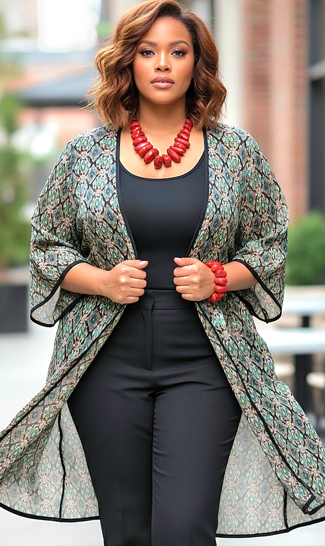 Woman wearing a patterned kimono over a black outfit with red jewelry.