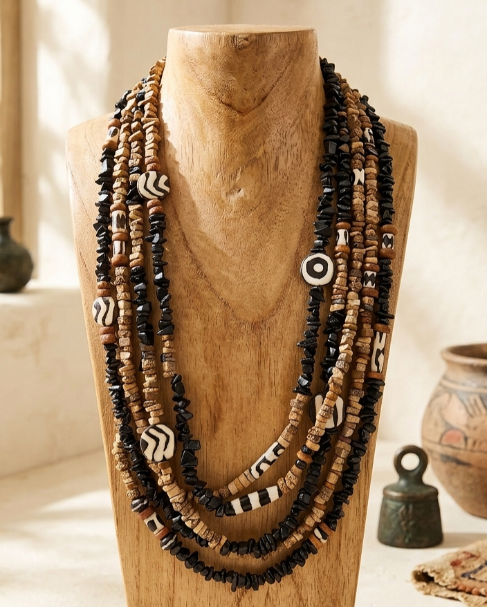 multi strand ethnic batik bone and stone chip necklace