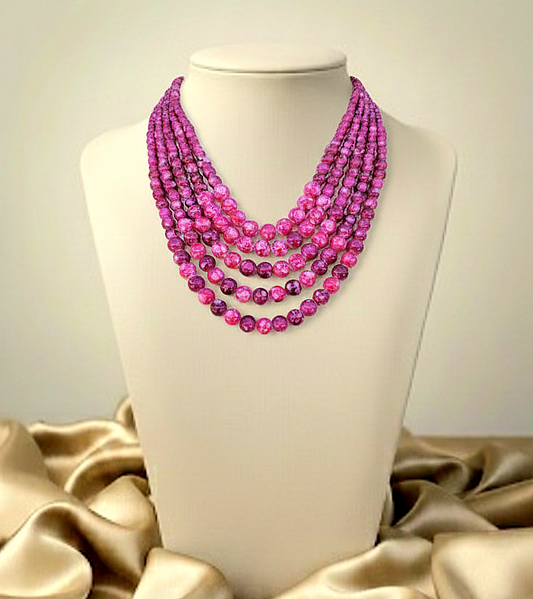 Multistrand Marled Fuchsia Beaded Statement Neklace