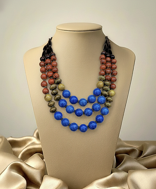 Multistrand Multicolored Statement Porcelain Blue Center Necklace