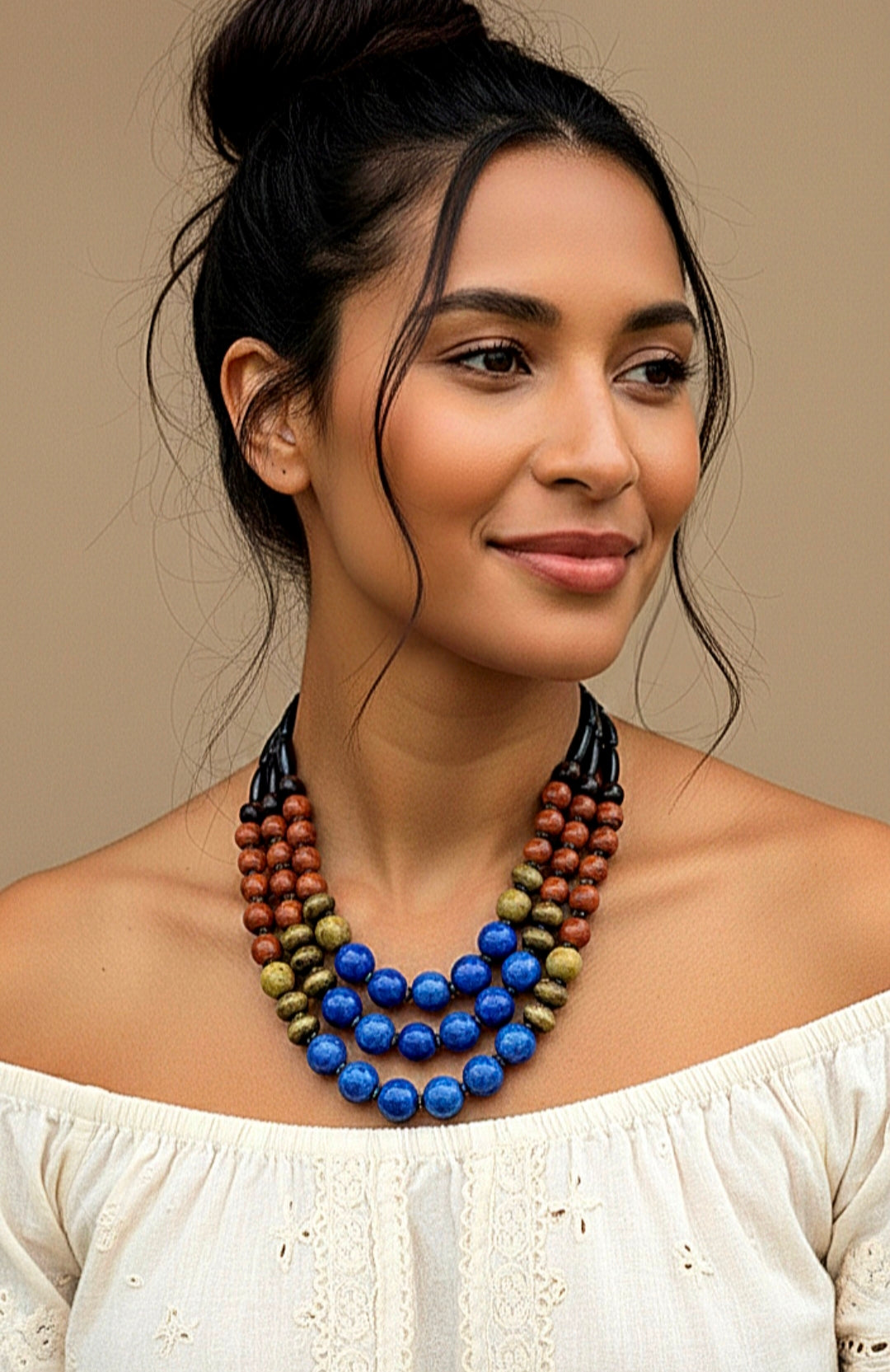 Multistrand Multicolored Statement Porcelain Blue Center Necklace
