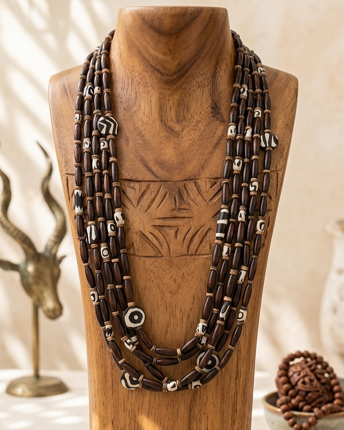 multi strand batik bone and wood ethnic necklace