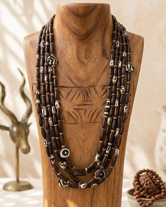 multi strand batik bone and wood ethnic necklace