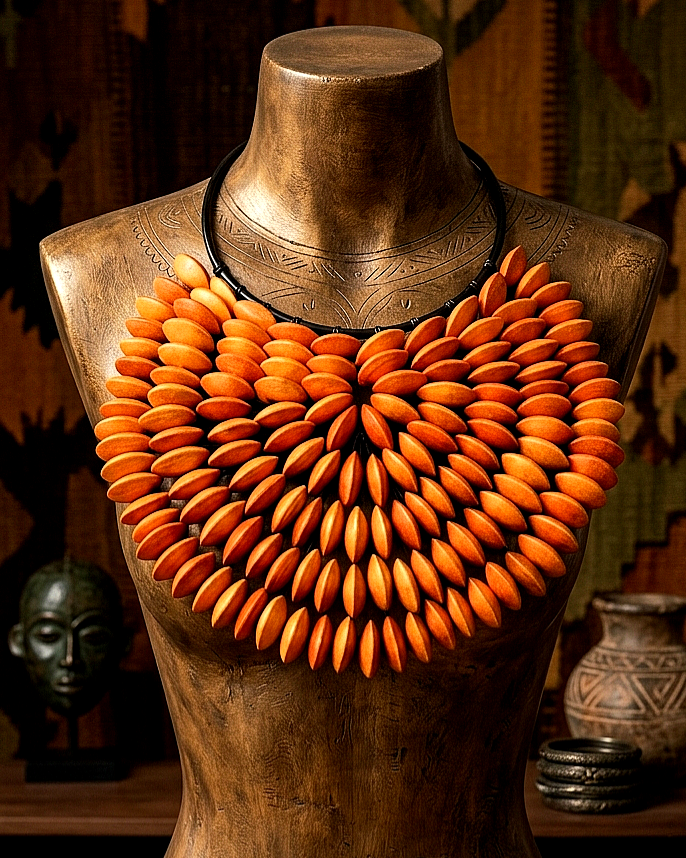Large Orange Wood bib Statement Necklace