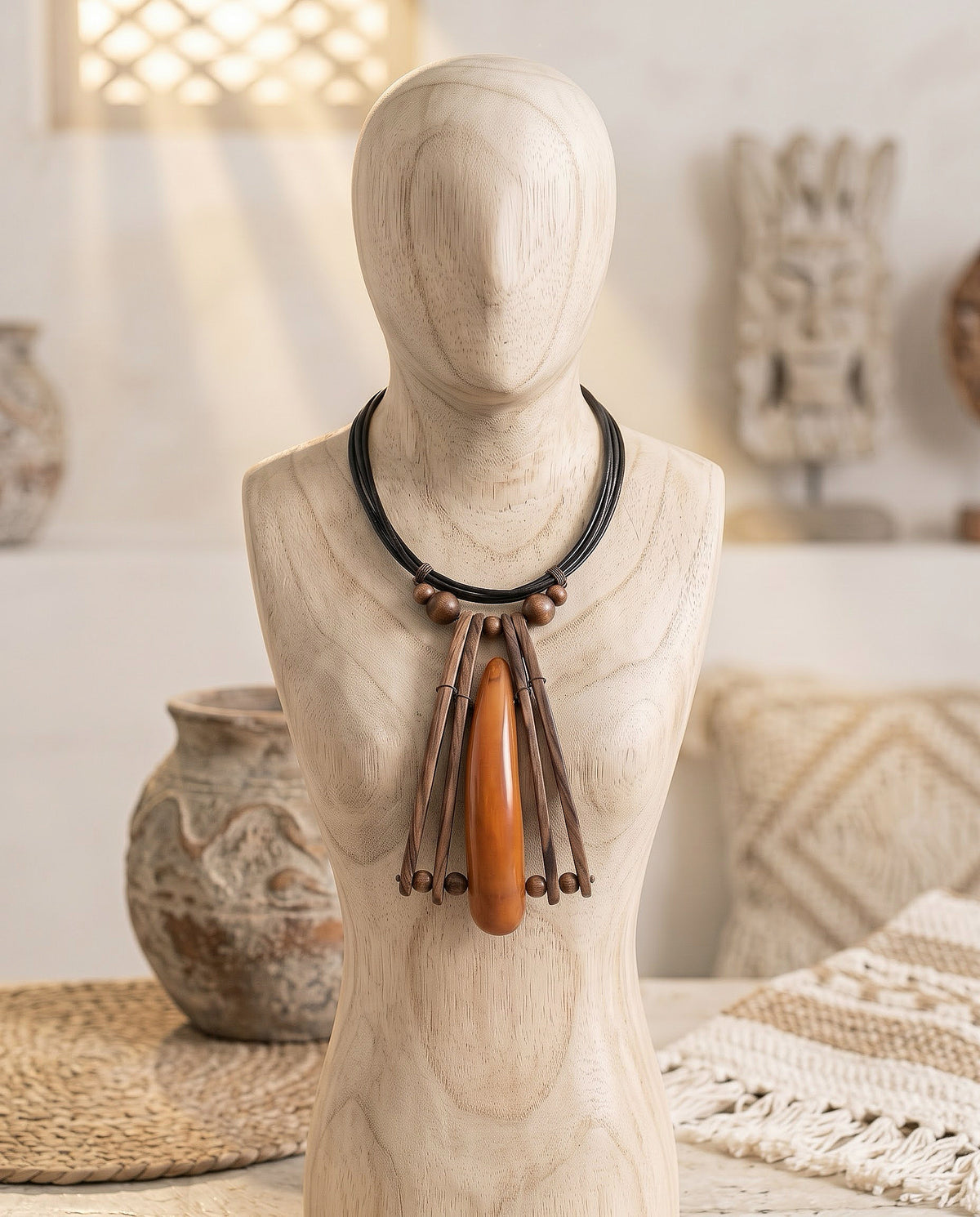 Orange Bone and Wood Statement Necklace