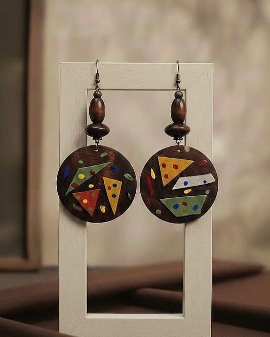 Dark brown wood earrings with leather and paint strokes