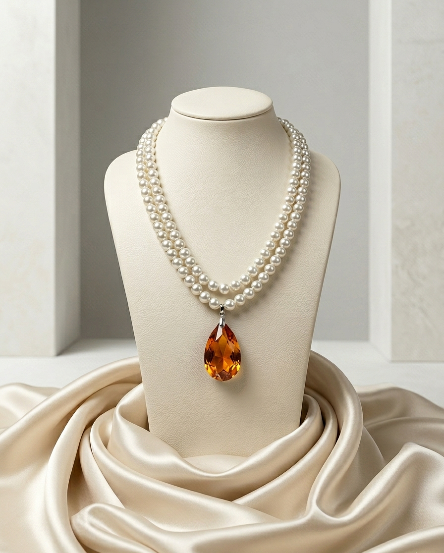 2 strand pearl necklace with amber colored teardrop crystal pendant