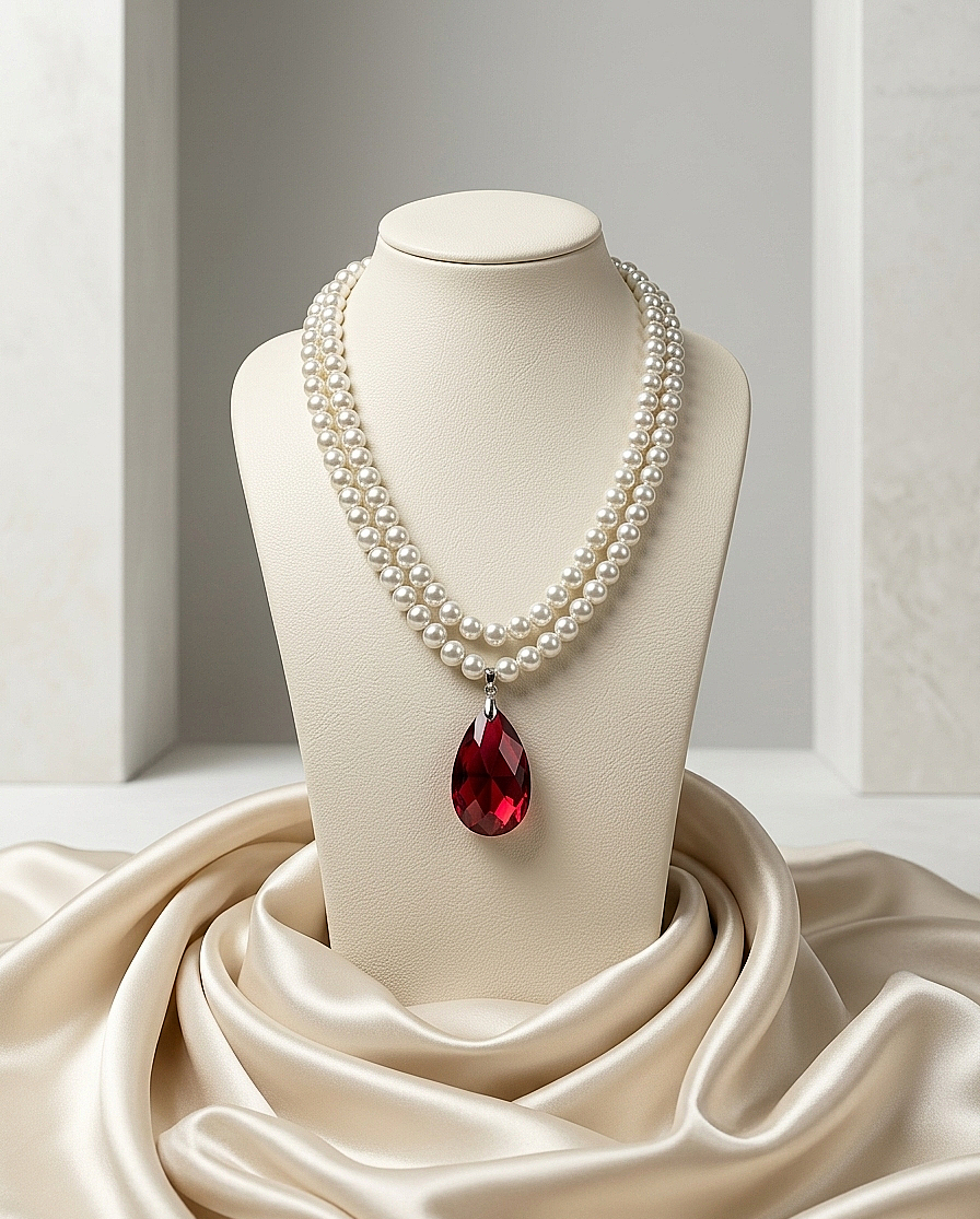 2 strand pearl necklace and red teardrop crystal necklace