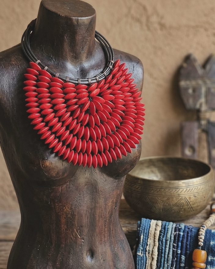 Red Wooden Bib Necklace