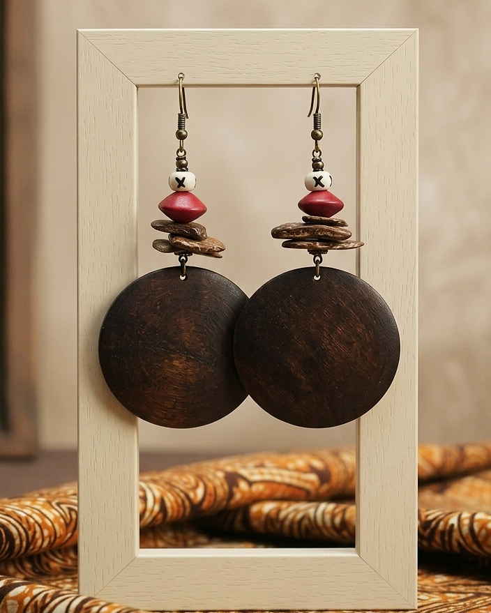 Pair of wooden earrings with red and gold accents in a light wooden frame.