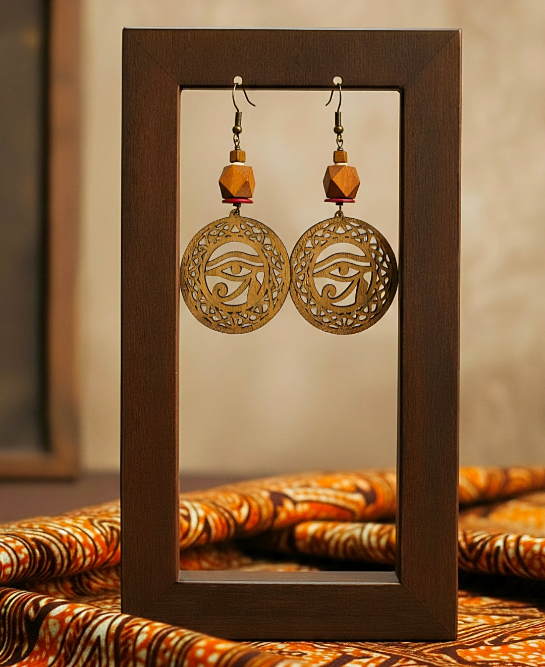 round golden lasercut wood earrings