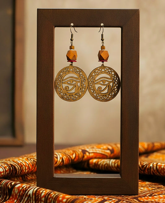 round golden lasercut wood earrings