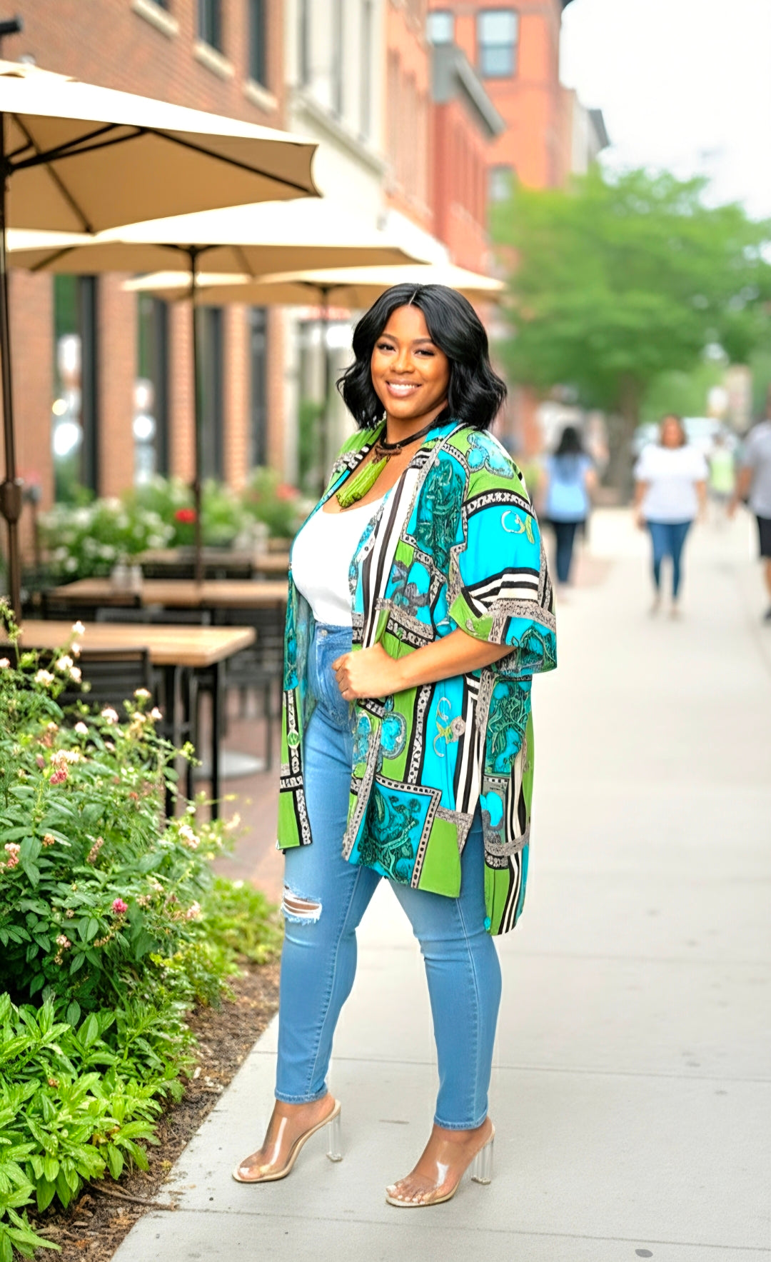 Short Kimono Bold Blue Green Print