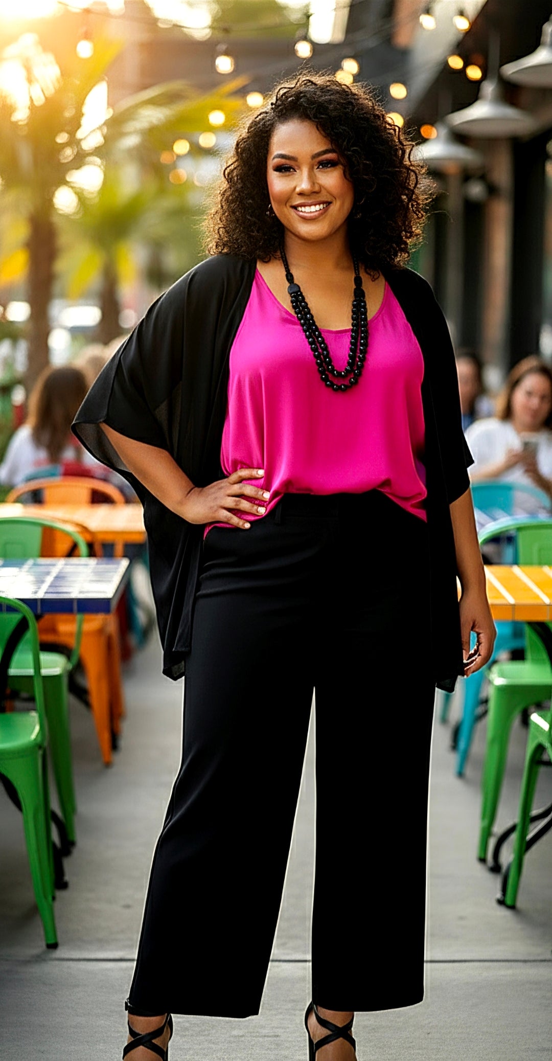 Woman in a pink top and black cardigan standing outdoors with tables and chairs in the background.