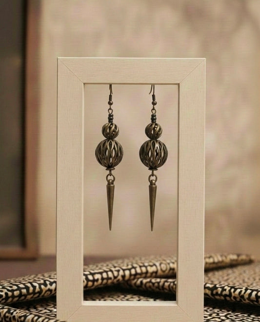 Short Spiked Bronze Filigree Ball Dangle Earrings