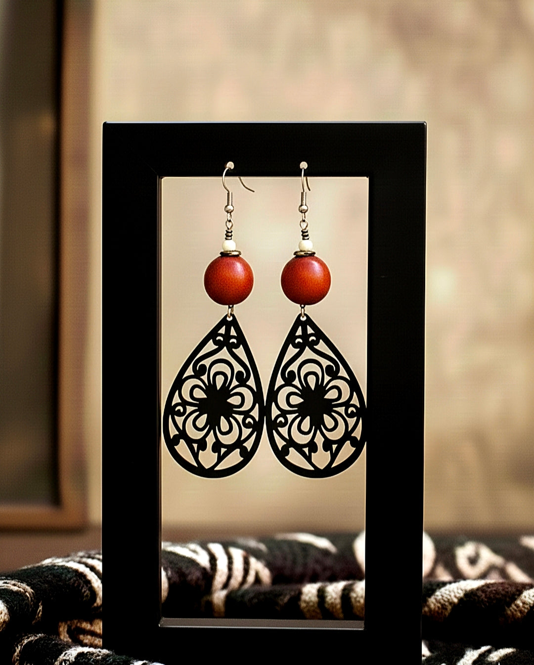 Teardrop Black Lasercut Orange Dangle Earrings