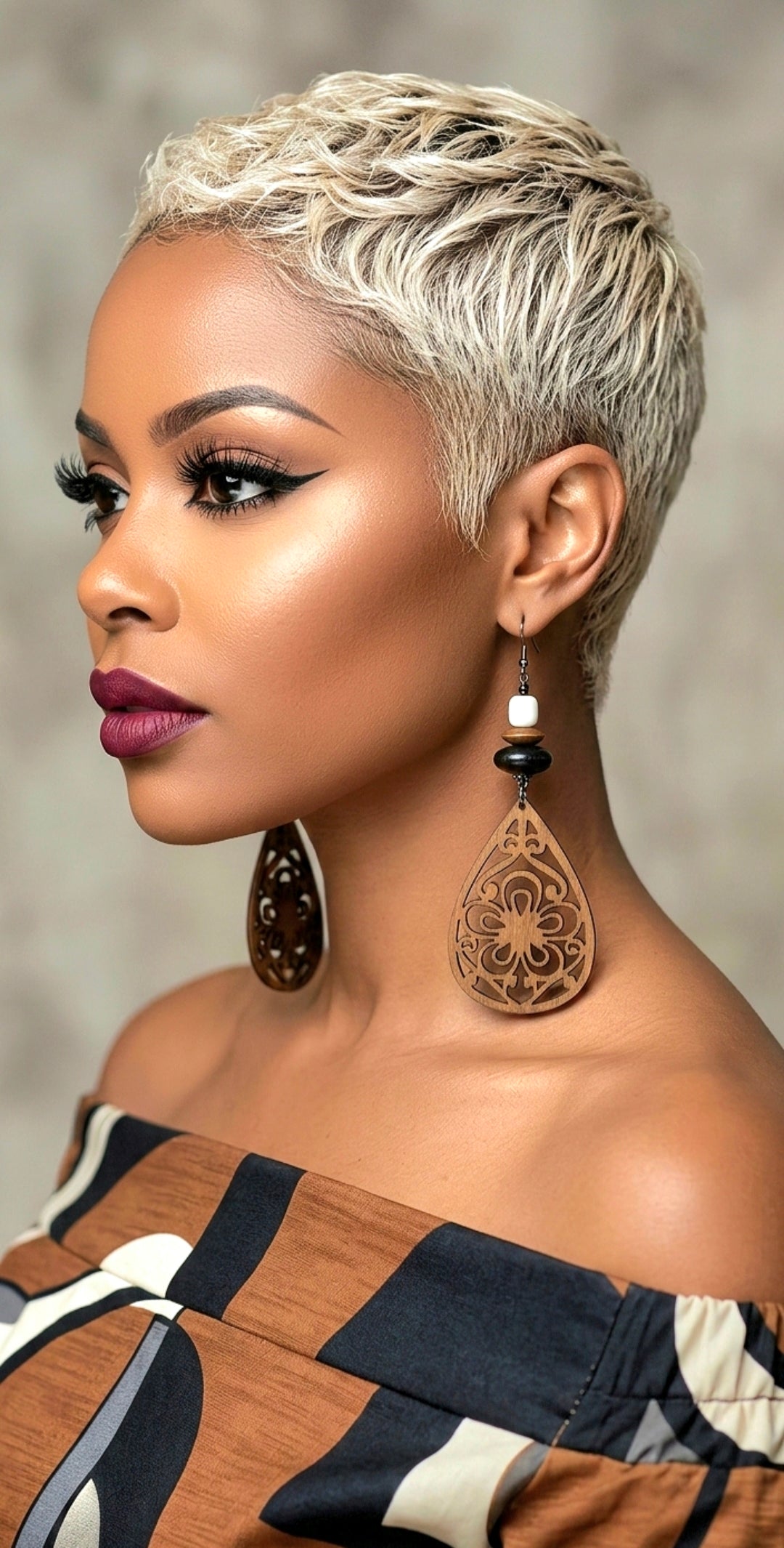 Laser-Cut Wood with Black White Accents Dangle Earrings