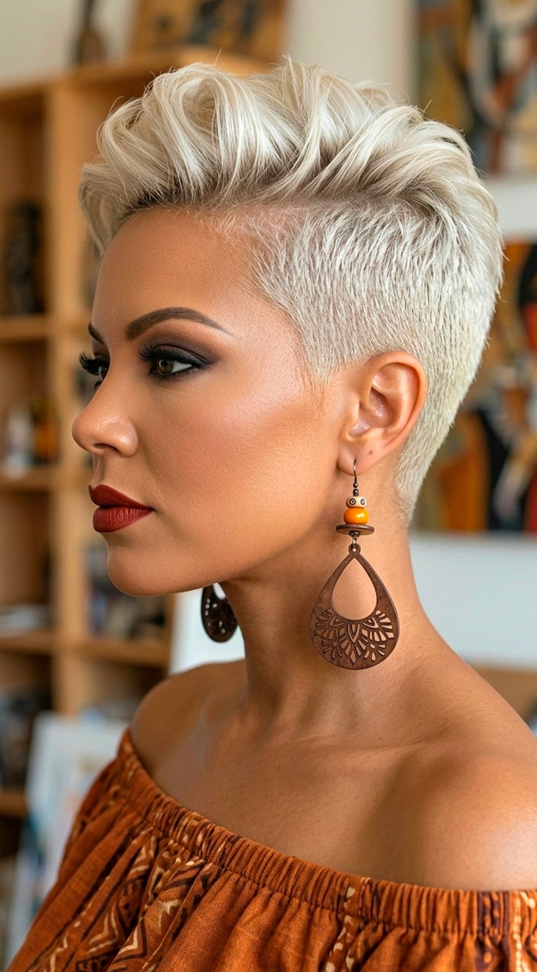 Brown Laser-Cut Wood, Bone and Faux Amber Dangle Earrings