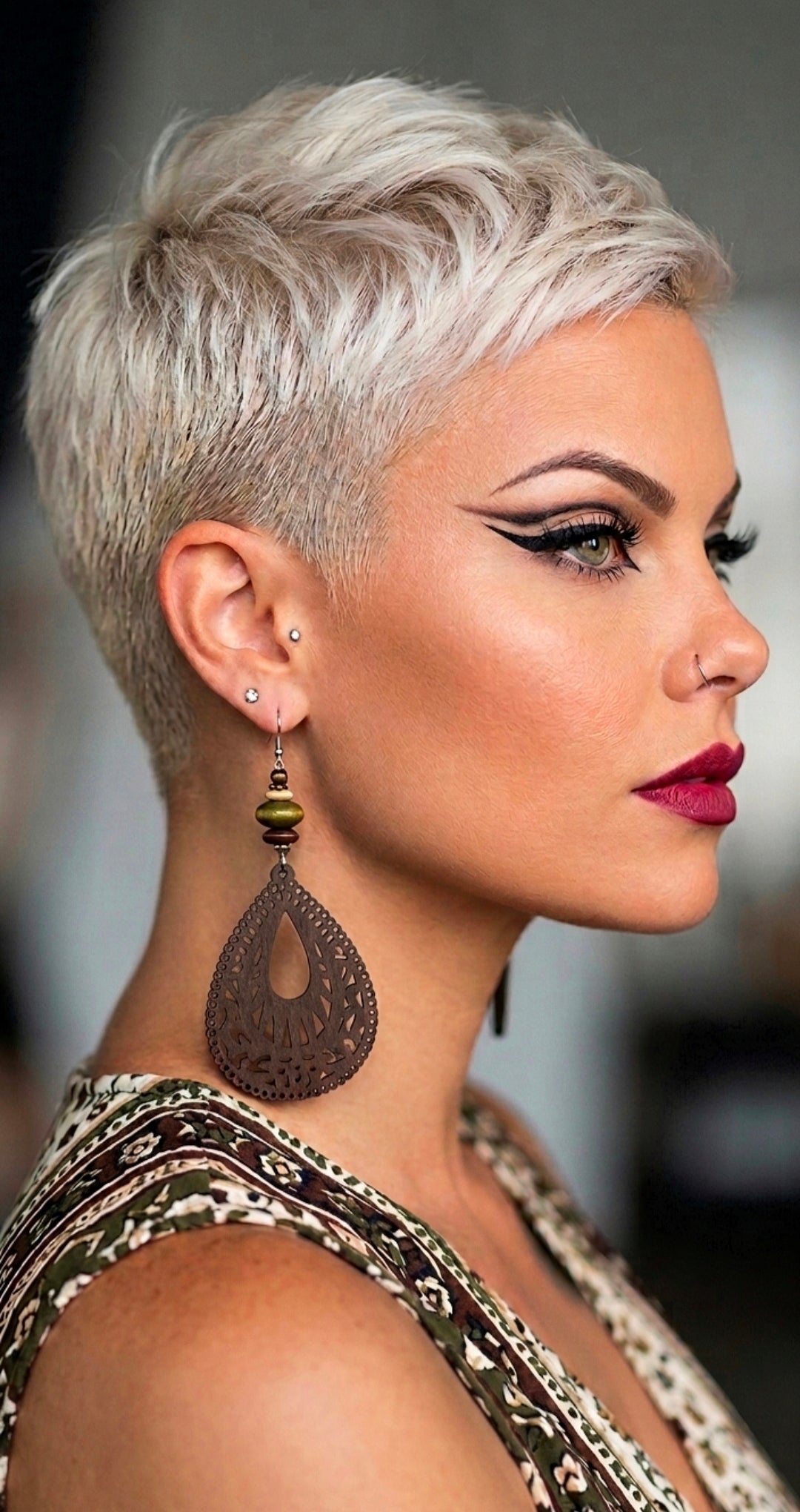Brown Intricate Laser-Cut Teardrop Burgundy and Green Dangle Earrings