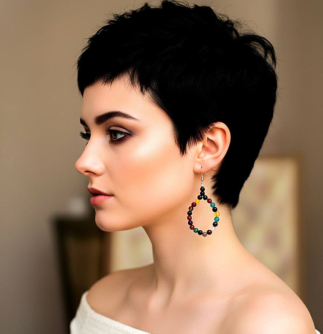 Teardrop Dark Multicolored Beaded Earrings